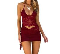 Gliswaieuznd Womens Y2k Mini Skirt 2Pcs Set Sheer Lace Flower Halter Crop Tops and Ruched Bodycon Short Skirt Outfits Vacation Party Wear (red, S)
