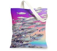 Glitch Art Canvas Tote Bag, Colorful Reusable Shopping Bags, Lightweight Abstract Design Shoulder Bags 13x15 Inch