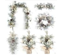 Glitinsel 6 Pcs Artificial Christmas Tree Decorations Set Include Snowy Christmas Garland Wreath with Pine Cone and Frosted Branches 2 Pcs Mini Xmas Tree for Xmas Fireplace Mantle Deco (Champagne)