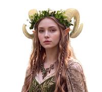 Glitinsel Ram Horn Headband with Eucalyptus Leaves Gothic Devil Horns Costume Headpiece for Halloween Witch Cosplay Party, White, 9.06 x 7.09 x 4.33 inches