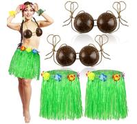 Glitopper 2 Set Coconut Bra Hula Grass Skirt with Flowers Hawaiian Costume Set Dance Leis Outfit for Women Luau Party Supply(15.75 Inch)