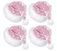 Glitopper 4 Pcs Santa Hats Shiny Sequin Christmas Hat with Plush Brim Thicken Velvet Xmas Hats for Women Men Party Accessory(Pink,Long)
