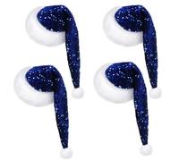 Glitopper 4 Pcs Santa Hats Shiny Sequin Christmas Hat with Plush Brim Thicken Velvet Xmas Hats for Women Men Party Accessory(Blue,Long)