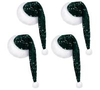 Glitopper 4 Pcs Santa Hats Shiny Sequin Christmas Hat with Plush Brim Thicken Velvet Xmas Hats for Women Men Party Accessory(Dark Green,Long)