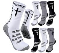 Glitopper 6 Pairs Grip Soccer Socks for US 6-13 Anti Slip Sock with Bible Verse Religion Gift for Men Youth Women Sport, White Gray and Black Gray, Medium