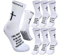 Glitopper 6 Pairs Grip Soccer Socks for US 6-13 Anti Slip Sock with Bible Verse Religion Gift for Men Youth Women Sport, White, Medium