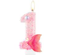 Glitter 1 Birthday Number Candle, Pink First Candle With Mermaid Tail for Cake, Boys Girls 1st Decorations, Mermaid Themed Party Supplies