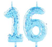 Glitter 16th Birthday Candle Number 16 Blue Candles Cake Topper Decorations for Girl and Boy Baby Shower Anniversary Birthday Princess Party Supplies