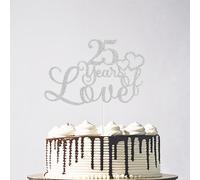 Glitter 25 Years of Love Cake Topper, Happy 25th Birthday Anniversary Cake Decor, 25 Years Blessed Wedding Anniversary Party Decorations Silver