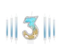 Glitter 3rd Birthday Candle for Cake, Silver Shell Sequins Birthday Candle, Boys Girls 3rd Birthday Decorations, Mermaid Themed Birthday Decorations Party Supplies, Gold Blue Number 3 Candle Birthday