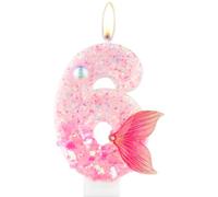 Glitter 6 Number Candle with Mermaid Tail, Pink Number 6 Candle for Cake, Boys & Girls 6th Birthday Decorations, Mermaid Themed Party Supplies