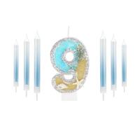 Glitter 9th Birthday Candle for Cake, Silver Shell Sequins Birthday Candle, Boys Girls 9th Birthday Decorations, Mermaid Themed Birthday Decorations Party Supplies, Gold Blue Number 9 Candle Birthday