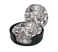 Glitter Abstract Diamond Crystal Pattern Print Round Leather Coasters - Set Of 6, Ultra-Fiber Pu Leather