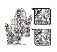 Glitter Abstract Diamond Crystal Pattern Printed Kitchen Oven Gloves and Potholder 4 Pcs, Non-Slip Heat Resistant Mitts for Baking Chef