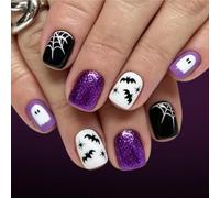 Glitter Accent Halloween Manicure Set 24 Pieces with Bat Web Art, Mixed Size ABS Tip Pieces for Themed Costume Event Loo