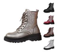 Glitter Ankle Boots for Women Motorcycle Combat Boots Sparkly Platform Goth Lug Sole Lace up Low Block Chunky Heel Punk Rave Fall Winter Military Boot Shoes Stylish Booties Grey Footwear Size 7