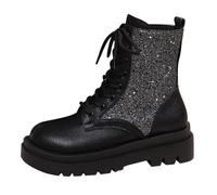 Glitter Ankle Boots for Women Motorcycle Combat Boots Sparkly Platform Goth Lug Sole Lace up Low Block Chunky Heel Punk Rave Fall Winter Military Boot Shoes Stylish Booties Black Footwear Size 5