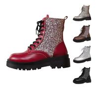 Glitter Ankle Boots for Women Motorcycle Combat Boots Sparkly Platform Goth Lug Sole Lace up Low Block Chunky Heel Punk Rave Fall Winter Military Boot Shoes Stylish Booties Trendy