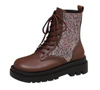 Glitter Ankle Boots for Women Motorcycle Combat Boots Sparkly Platform Goth Lug Sole Lace up Low Block Chunky Heel Punk Rave Fall Winter Military Boot Shoes Stylish Booties Brown Footwear Size 5