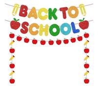 Glitter Back to School Banner, Colorful Pencil Apple Garland First Day of School Banner for First Day of School Classroom Decor Teacher Gifts Party Supplies