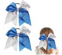 Glitter Blue Silver Large Cheer bow, Hipcheer 8 Inch Large Jumbo Cheer Hair Bows Ponytail Holder Elastic Band Handmade for Cheerleaders Teen Girls College Sports (Glitter Blue Silver)