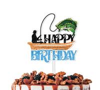 Glitter Boat Fishing Happy Birthday Cake Topper Let’s Go Fishing Theme Decorations Men Boys Happy Birthday Party Decor Supplies