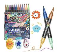 Glitter Brush Markers Pens, Double Ended Felt Tip 24 Color Assortment Soft Tip Precision Drawing Glitter Infused Ink Watercolor Style for Cards, DIY Crafts, Doodle, Writing (12)