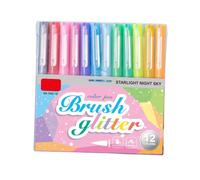 Glitter Brush Pens 12 Colors Soft Tip Water Based for Note Highlighting Journal Decoration Doodling Study Planning and Creative Sketch Accents Glitter Brush Pens Soft Tip Markers Water Based