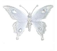 Glitter Butterfly Christmas Tree Ornaments with Mesh Fabric Wings and Clip Attachment for Holiday Decoration (Silver)