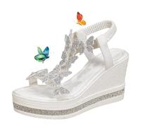 Glitter Butterfly Embellished Open Toe Sandals, Women's Summer Sparkly Elegant Butterfly Pearl Sandals Wedge Heels Sandal (White,6)