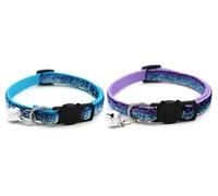 Glitter Cat and Kitten Collar with Bell and Safety Release Buckle, Adjustable 19-35cm Design, Pack of 2, Available in Red, Pink, Blue, Silver and Gold. (Ombre - Ocean Blues)