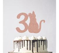 Glitter Cat Three Cake Topper, Number 3 Cake Topper, Happy 3rd Birthday Cake Decor for Girl, Pet Cat Three Year Old Party Decoration Rose Gold