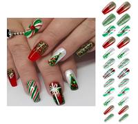 Glitter Christmas False Nail, Red Long Square Fake Nails, 24PCS Set Green Cute Forest Snowflakes, Full Cover Press on Nails Gift for Women, French Tip Design Manicure with Glue Stickers