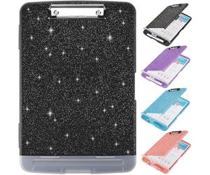 Glitter Clipboard with Storage,Storage Clipboard with Pen Holder,A4 Binder Clip Boards 8.5x11 with Low Profile Clip,Side Opening Sparkle Clipboards, Clipboards Folder for Office Supplies-Starry Black