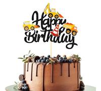 Glitter Construction Happy Birthday Cake Topper - Dump Truck Excavator Tractor Cake Decor for Construction Theme Birthday & Baby Showers Cake Decoration