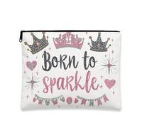 Glitter Crown Makeup Bag, Born to Sparkle Shimmer Cosmetic Travel Pouch for Women, Portable Small Canvas Zipper Organizer, Birthday Gift Skincare Toiletry Bag, White, 7x9 Inch, Crown