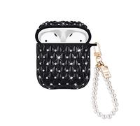 Glitter Diamond Design for AirPods 1/2 Case with Pearl Wrist Chain Keychain for Women Girls,Colorful Sparkle Bling Crystal TPU Shock Proof Protective Skin Cover for Airpod 2nd Generation -Black