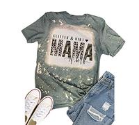 Glitter & Dirt Mama of Both T-Shirt Women Camouflage Leopard Graphic Mom Tees Vintage Bleached Letter Print Tops, As Show, Large