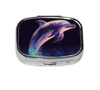Glitter Dolphin Print Pill Box Square Pill Case 2 Compartment Small Metal Medicine Organizer Portable Travel Pillbox for Pocket Purse Cute Mini Pill Container to Hold Daily Vitamins
