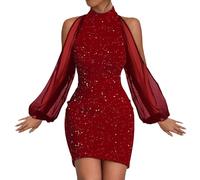 Glitter Dress Women's Party Dress Red Dress Sequins Women's Short New Year's Eve Dresses Glitter Short Tight Party Dress Slim Fit Hip Skirt Long Sleeve Sequin Dress Sexy Lace Dress Round Neck Flapper