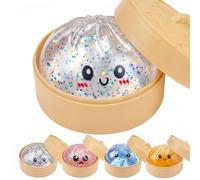 Glitter Dumpling Squishies with Steamers,Soft Squeeze Decompression Toys for Anxiety Relief,Kawaii Bun Stress Fidgets Toys for Adults,Stretchy Pull Toy for Party Favors (Clear)