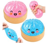 Glitter Dumpling Squishy, 2 Pack Mystery Dumpling Squeeze Toy with Steamer Boxes, Bao Bun Squishy Slow Rising Fidget Toys, Anxiety Relief Dumplings Stress Ball for Adults and Kid