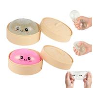 Glitter Dumpling Squishy Set - 2 PCS Bao Bun Squishys with Steamer Box, Squishy Dumpling Toy, Squeezing Fidget Toys, Portable Stress Relief Squeezing Toy for Anxiety Stress Relief (Pink+Transparent）