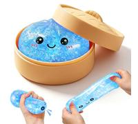 Glitter Dumpling Squishy,with Steamer Box,Squish-y Dumpling Toy,Giant Mystery Dumplings Squishy,Anxiety Relief Fidget Toy,Sensory Squeeze Toys,Cute Dumplings Stress Balls,For Kids Adults(Blue)