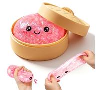 Glitter Dumpling Squishy,with Steamer Box,Squish-y Dumpling Toy,Giant Mystery Dumplings Squishy,Anxiety Relief Fidget Toy,Sensory Squeeze Toys,Cute Dumplings Stress Balls,For Kids Adults(Pink)