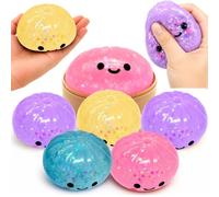 Glitter Dumpling Toys 8.5cm - 6x Random Squishy Bao Bun with Plastic Steamer Box, Slow Rising Glitter Filled, Fidget Mystery Squeeze Toy, Reusable Basket, Kids Party Bag Gift Age 3+