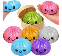 Glitter Dumpling Toys 8.5cm - 6x Random Squishy Bao Bun with Plastic Steamer Box, Slow Rising Mystery Squeeze Toy, Reusable Basket, Kids Party Bag Gift Age 3+
