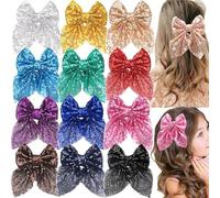 Glitter Fable Bows 4.5 Inch Sequins Hair Bows Bling Party Hair Accessories for Girls Baby Toddlers Kids (Mix Colors-12Pcs)