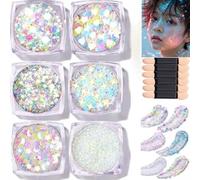 Glitter Face Paint Gel for Festival Makeup, Chunky Holographic Glitter Gel with 6 Shapes, Cosmetic for Hair, Body, Nails, Face Gems Kit with Brushes for Women Party Accessories (White, Iridescent)