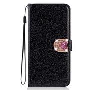Glitter Flip Case for Samsung Galaxy A04e Phone Case Black Bling Wallet Protective Cover 3D Diamond Love Buckle Sparkle Case Shell Holder Slots with Wrist Strap Cover for Samsung Galaxy A04e